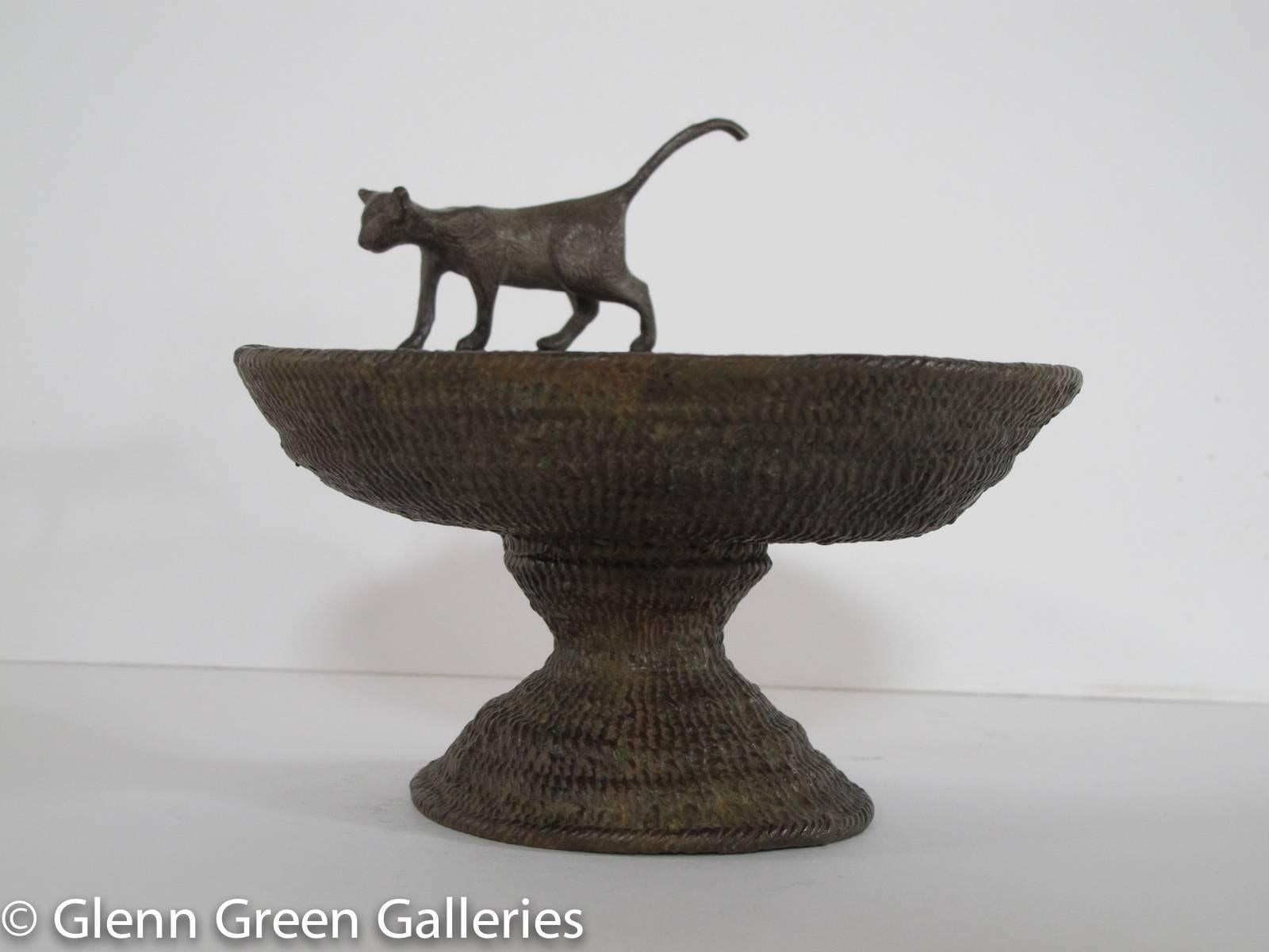 Cat on Basket - Sculpture by Peter Woytuk