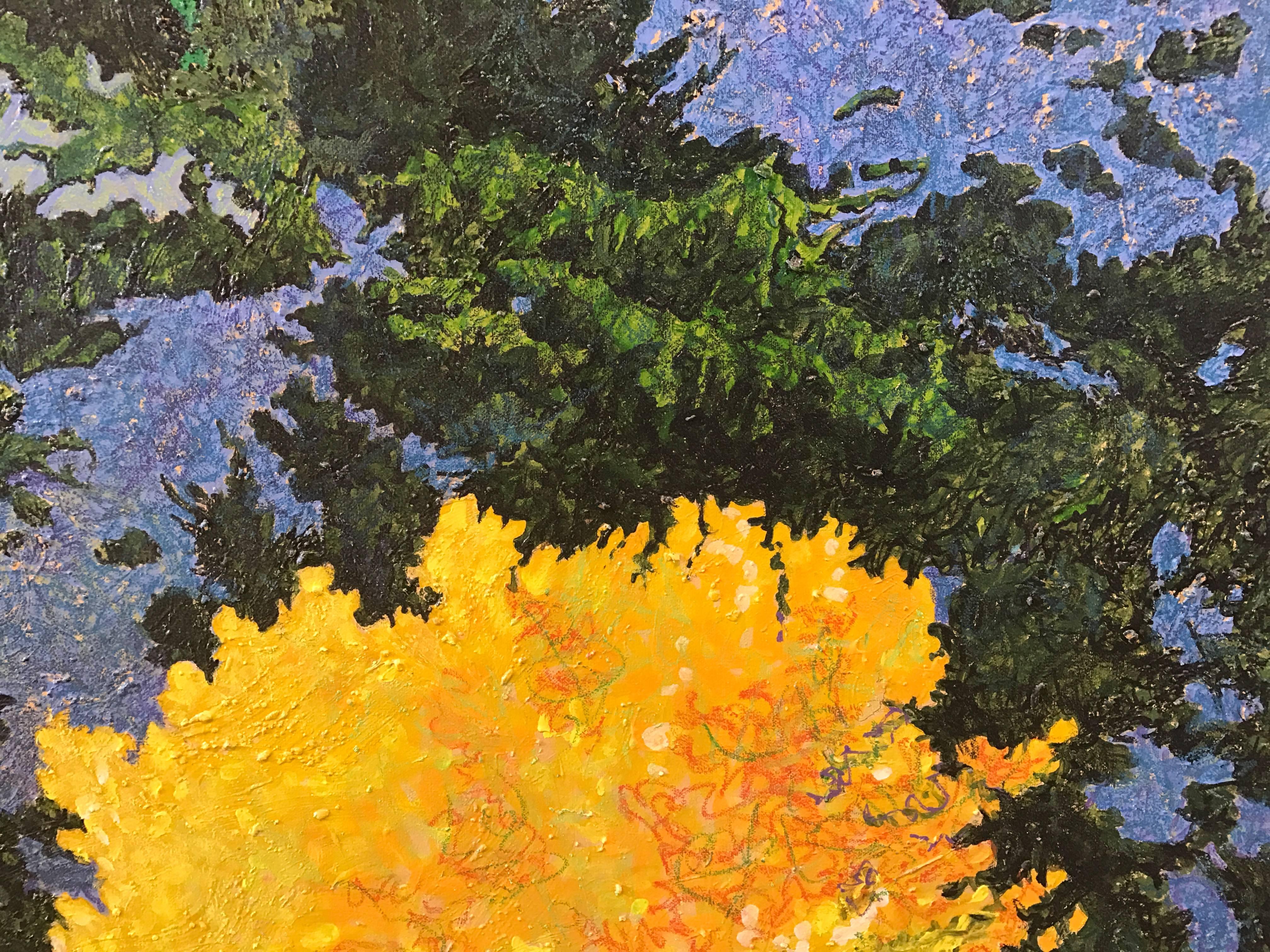 Sunlight Cottonwood, desert landscape painting, canvas, yellow, blue, green, Santa Fe - Painting by John Hogan