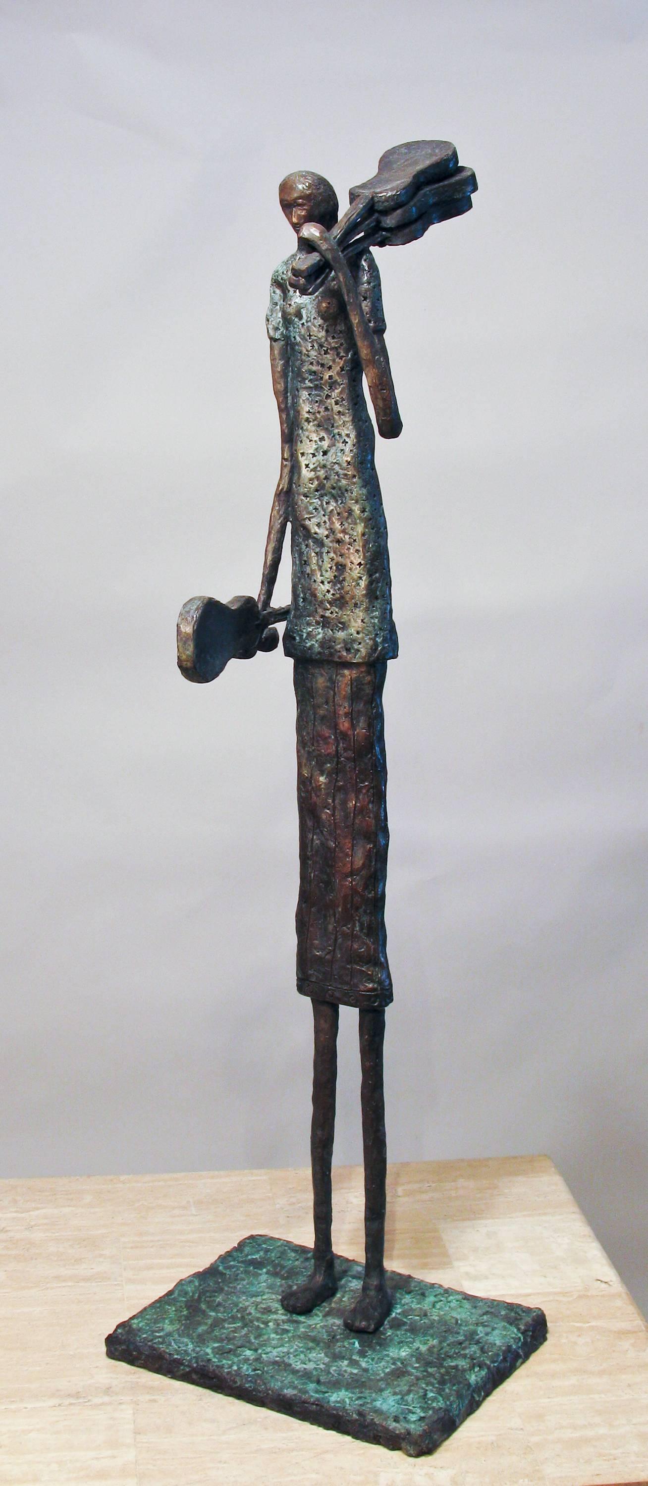 Eduardo Oropeza Figurative Sculpture - Guitarras, bronze sculpture, vertical, guitar seller, rustic, textured bronze