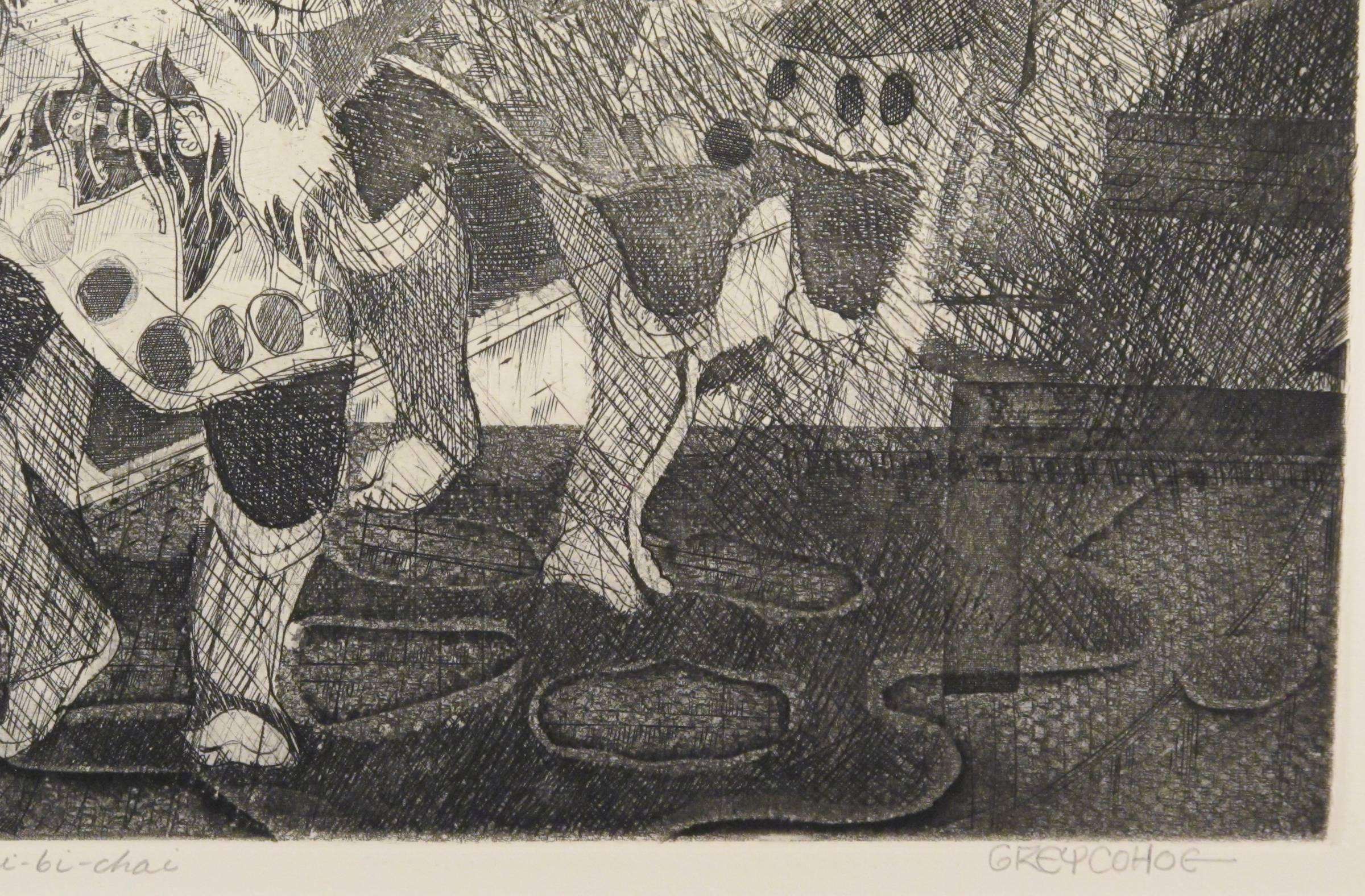 Yei Bi Chei, grabado, ceremonia navajo, negro, blanco - Print Contemporáneo de Grey Cohoe