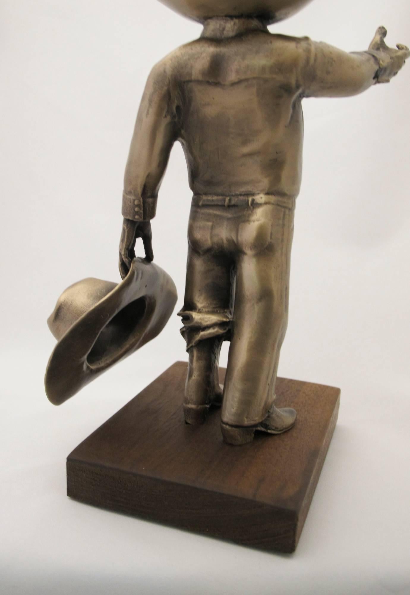 Howdy, Rodger Jacobsen, bronze cowboy sculpture, gold patina, Texas edition For Sale 4