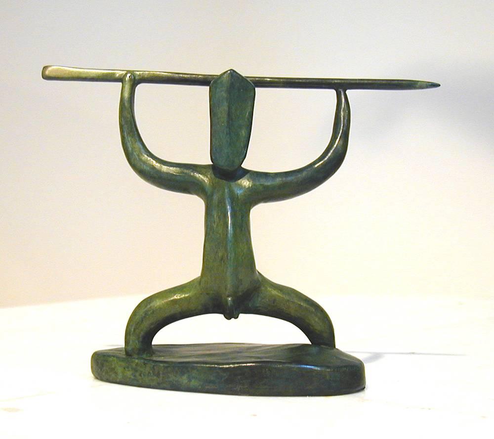 Wi Taepa Figurative Sculpture - Ihi (Power), contemporary Maori sculpture, green patina, warrior figure