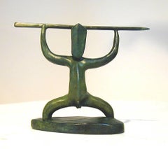 Ihi (Power), contemporary Maori sculpture, green patina, warrior figure