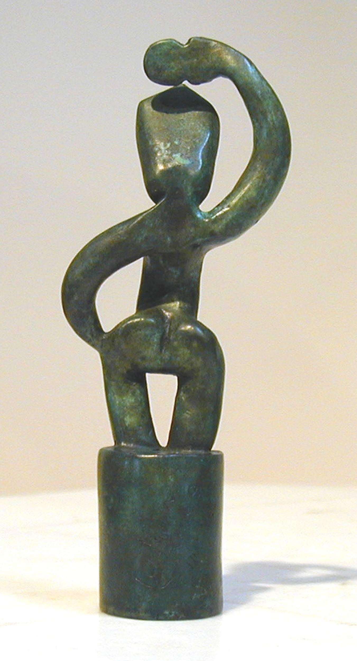 E Tu (Stand Tall), contemporary Maori sculpture, green patina, warrior figure - Sculpture by Wi Taepa