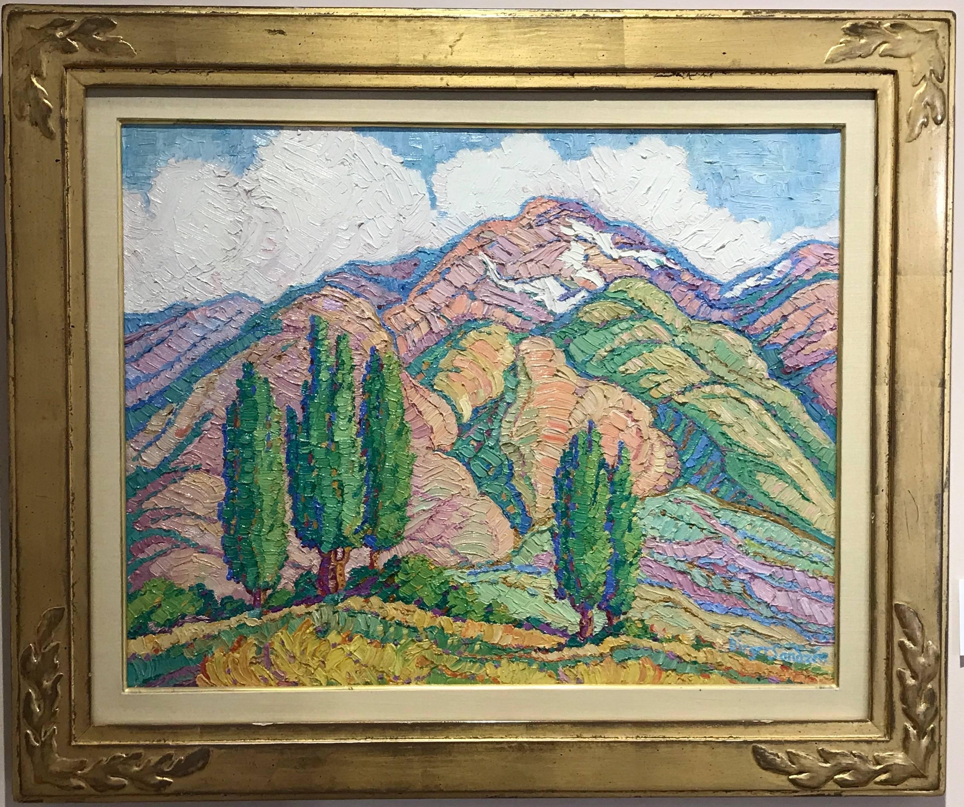 Sven Birger Sandzen Landscape Painting - Poplars and Mountains, gold frame, landscape, unique oil on canvas, Taos Society