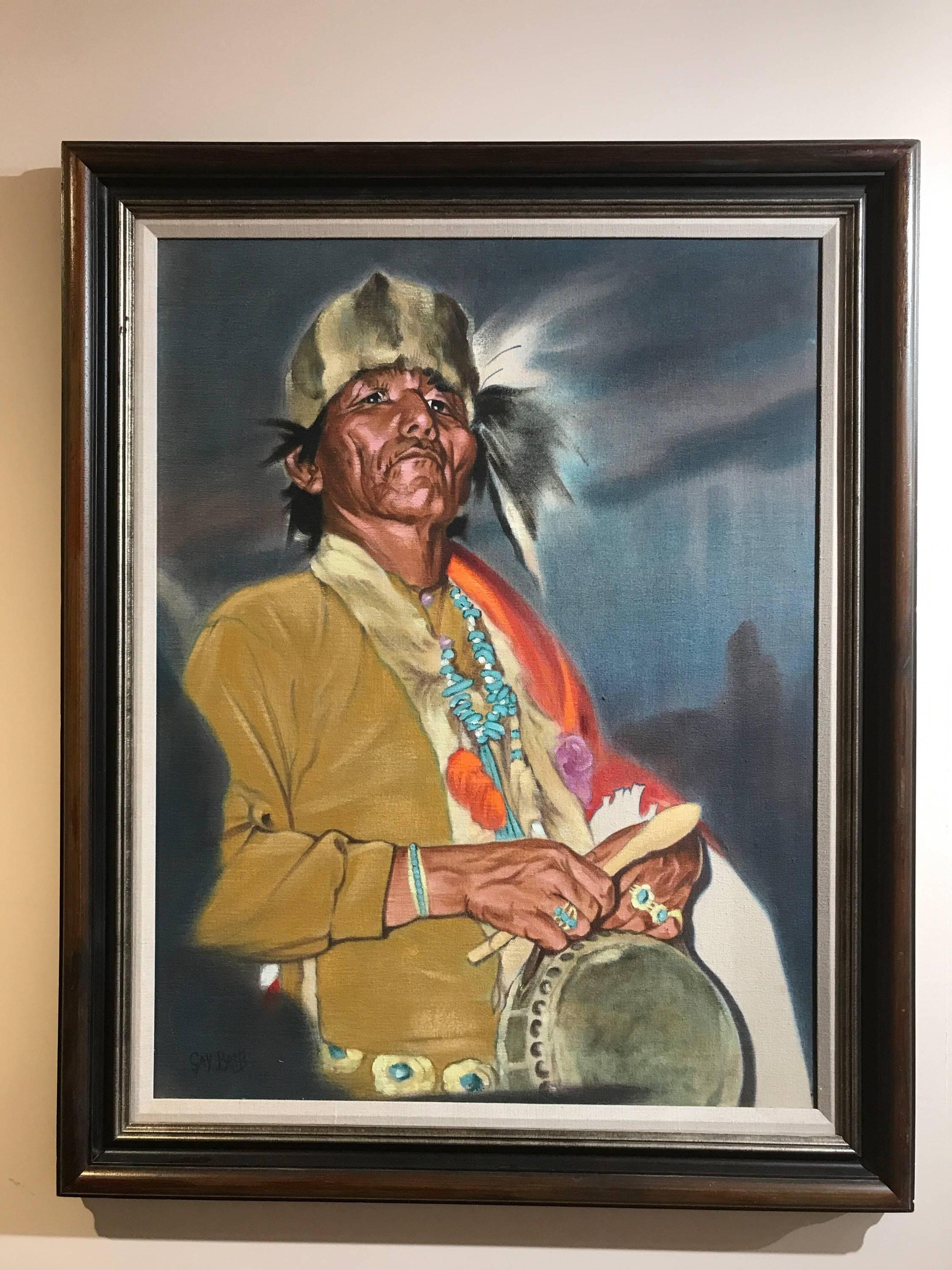 Grace (Gay) Betts Figurative Painting - Drummer, by Gay Betts  Native American Drummer, oil on canvas painting