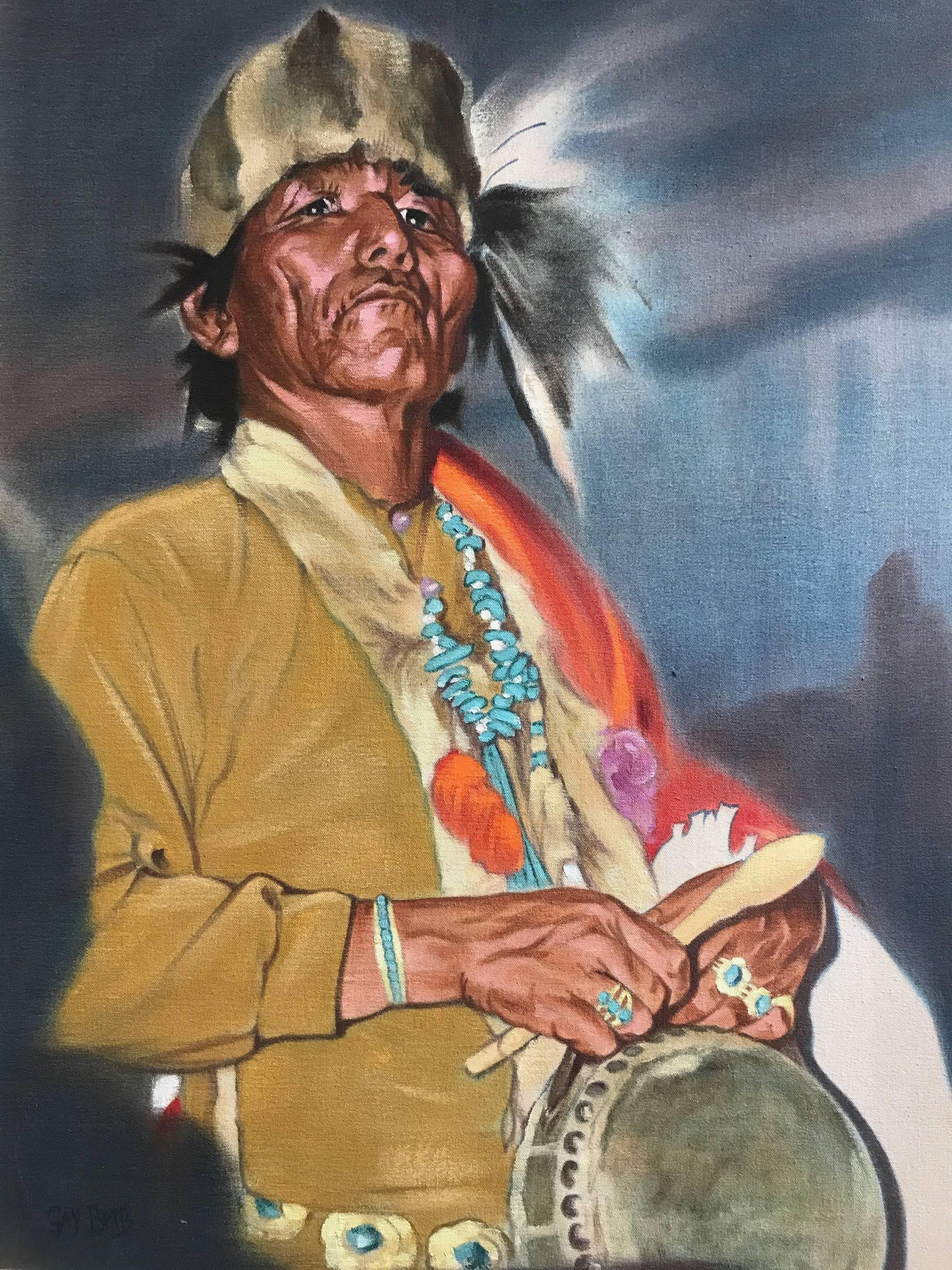 Drummer, by Gay Betts  Native American Drummer, oil on canvas painting - Painting by Grace (Gay) Betts