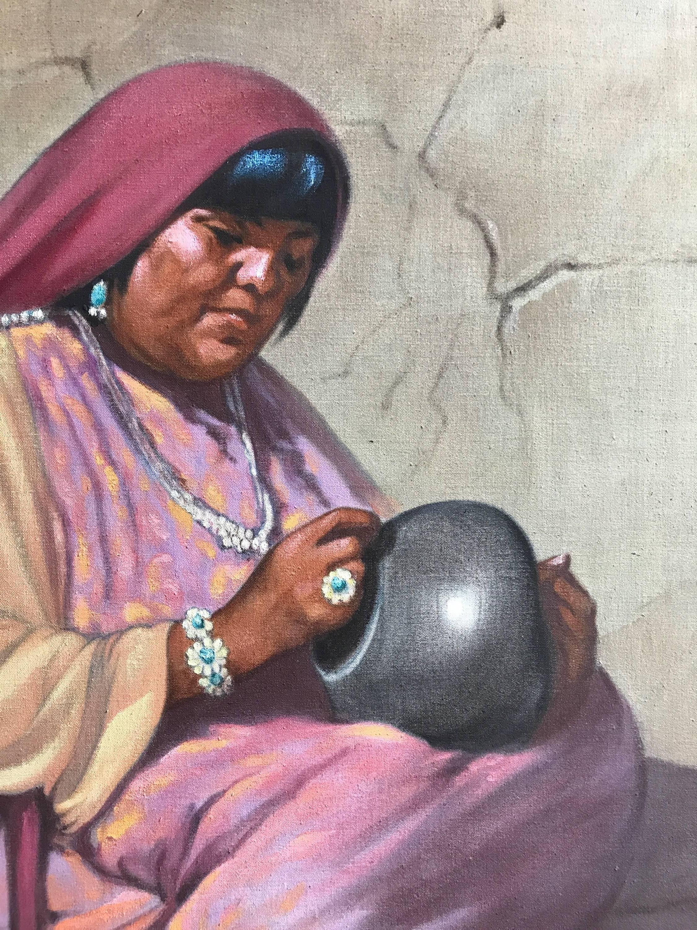 poterie, huile sur toile, poterie indienne Pueblo Betts, indienne américaine - Marron Figurative Painting par Grace (Gay) Betts