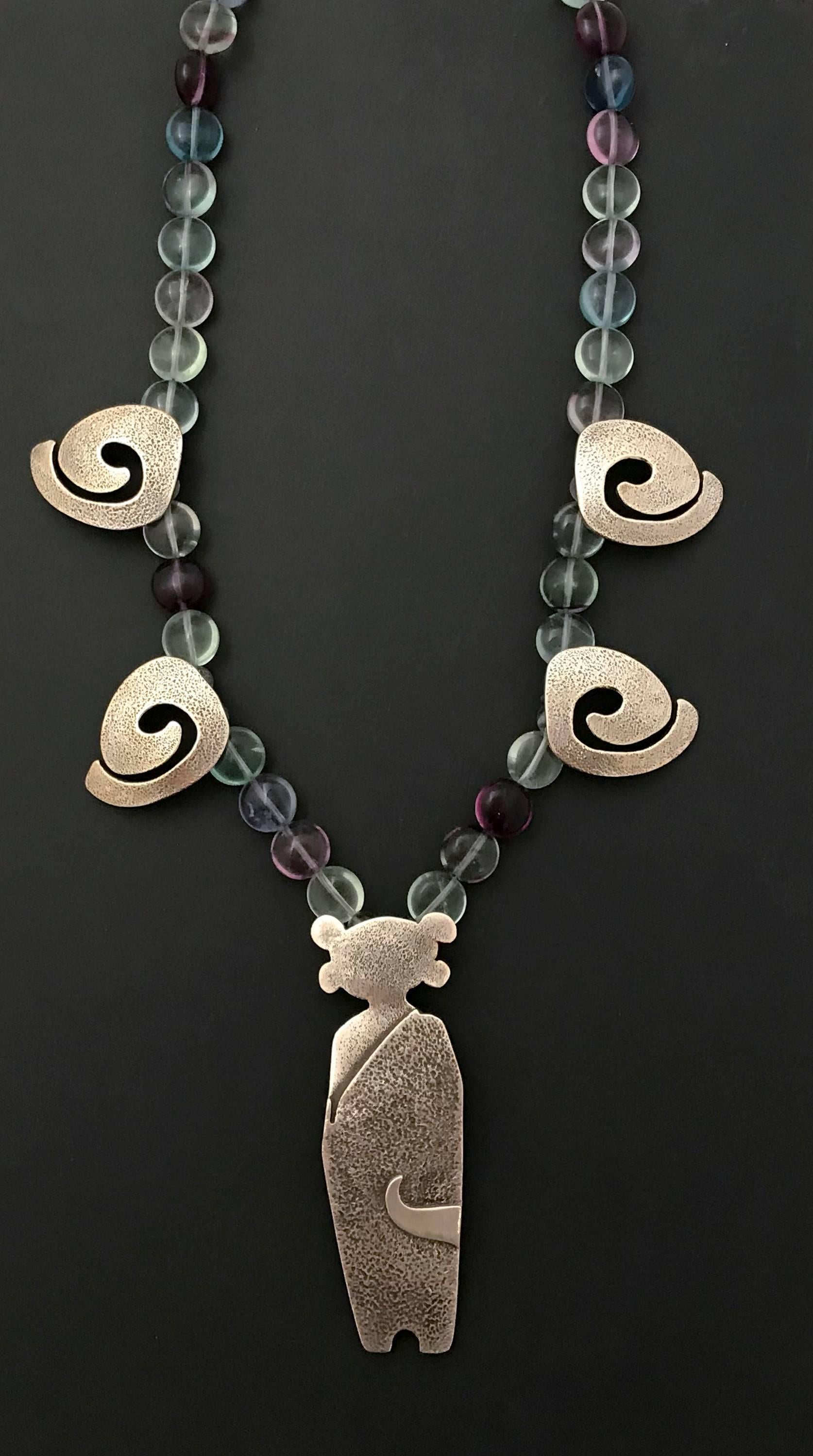 Standing Guard necklace, sterling silver, fluorite beads - Mixed Media Art by Melanie Yazzie