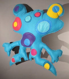 Free-Range Critter, soft sculpture, red and turquoise