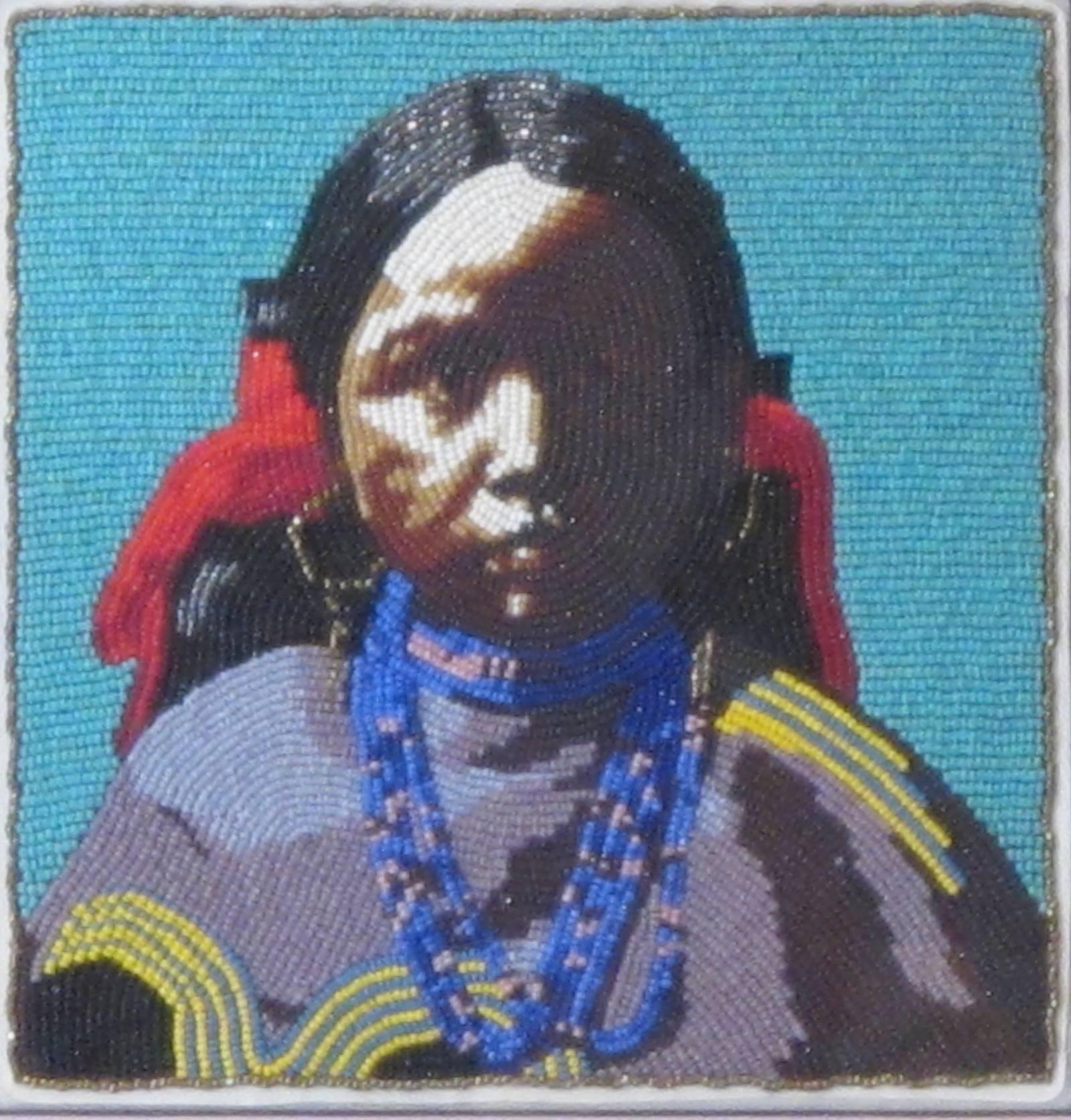 Marcus Amerman Portrait Painting - Jicarilla Girl, beaded portrait of Native American girl