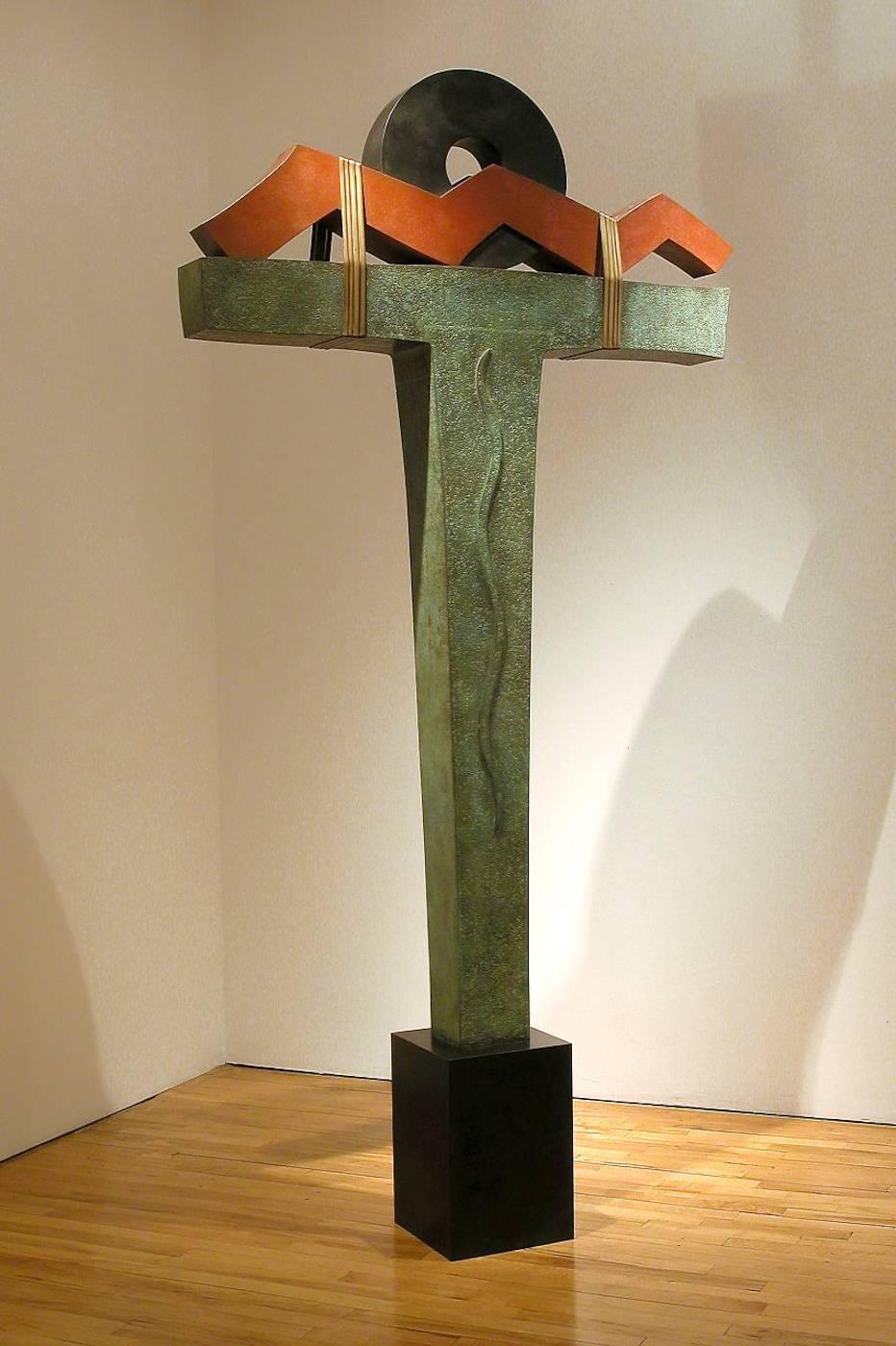 Jeffrey Maron Abstract Sculpture - Approaching Kether, large copper sculpture, green, red, black, gold Jeff Maron