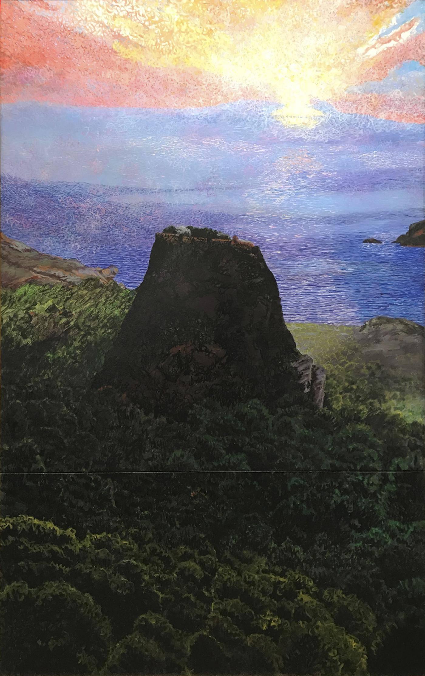 John Hogan Landscape Painting - Monolithos, landscape, seascape, mixed media painting, blue, black, pink, Greece