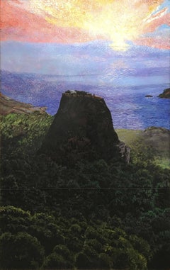 Monolithos, paisaje, paisaje marino, pintura en técnica mixta, azul, negro, rosa, Grecia