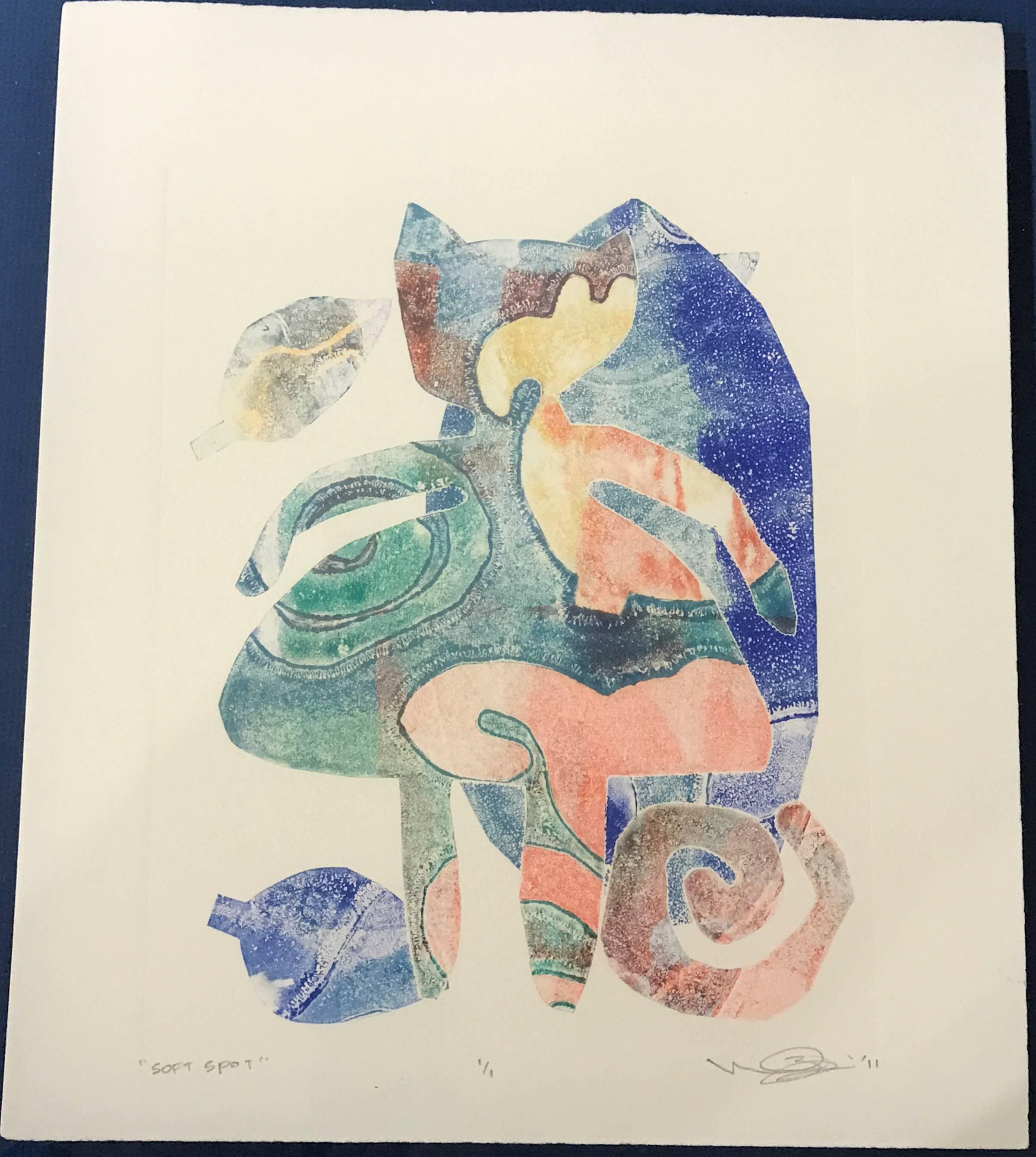 Melanie Yazzie Animal Print - Soft Spot, unique monoprint, cat girl, orange, blue, green