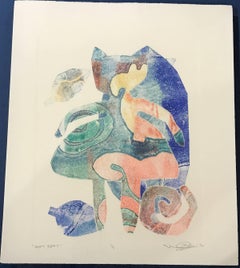 Soft Spot, unique monoprint, cat girl, orange, blue, green