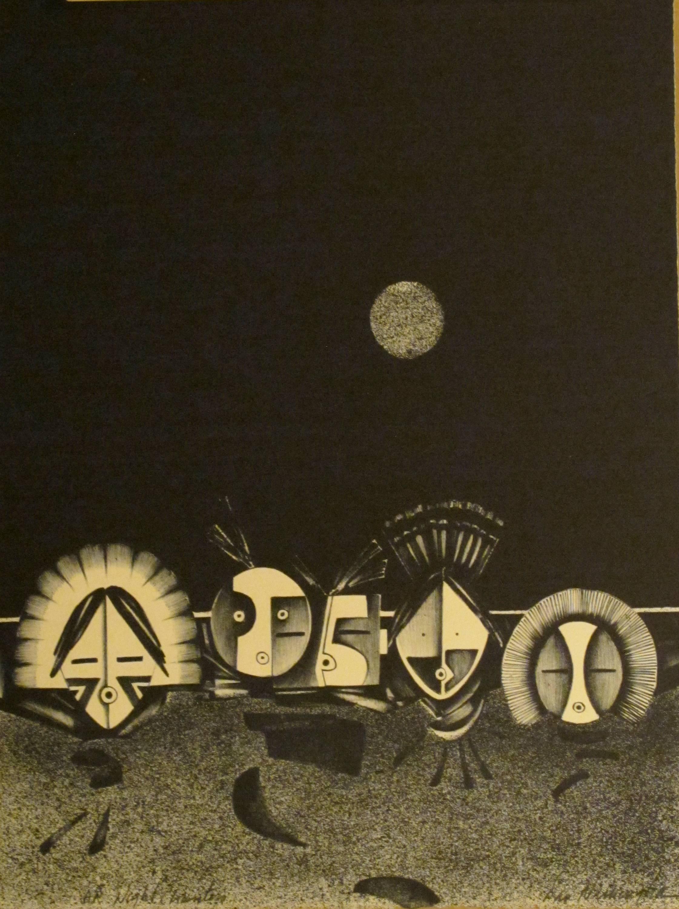 Dan Namingha Figurative Print - Night Chanters, black and white limited edition lithograph Hopi Kachinas