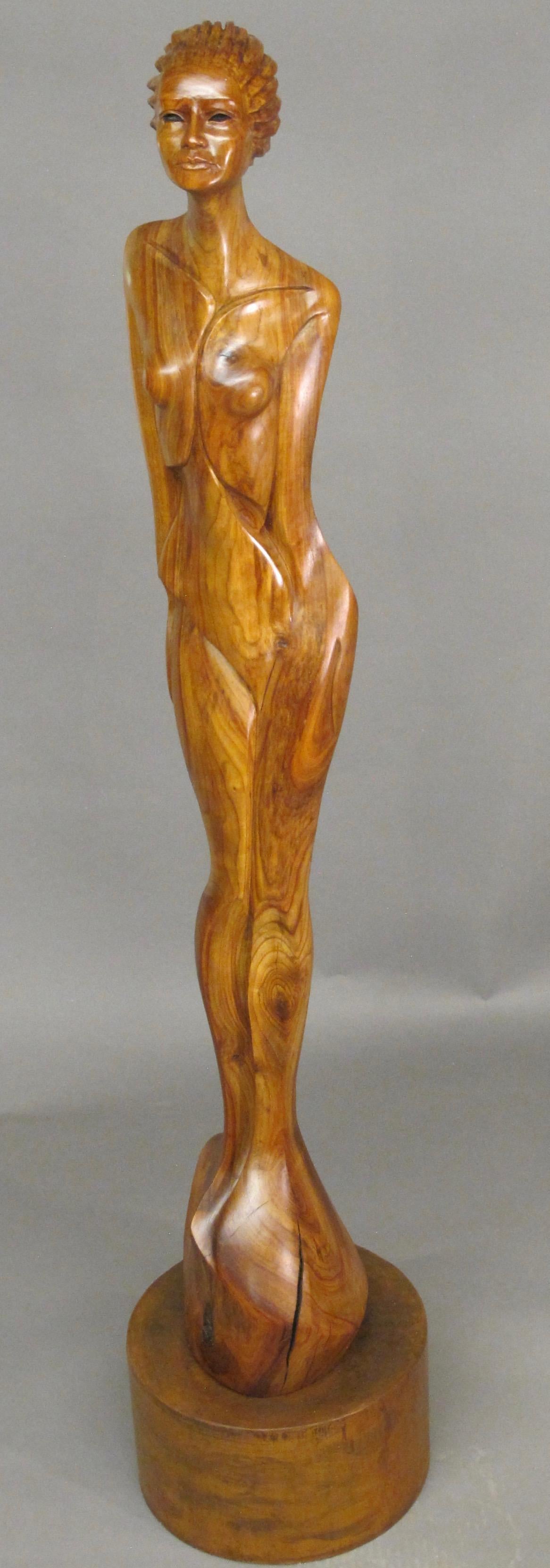 Places In The Heart, Nut wood sculpture on steel base, female nude, brown - Sculpture by Troy Williams