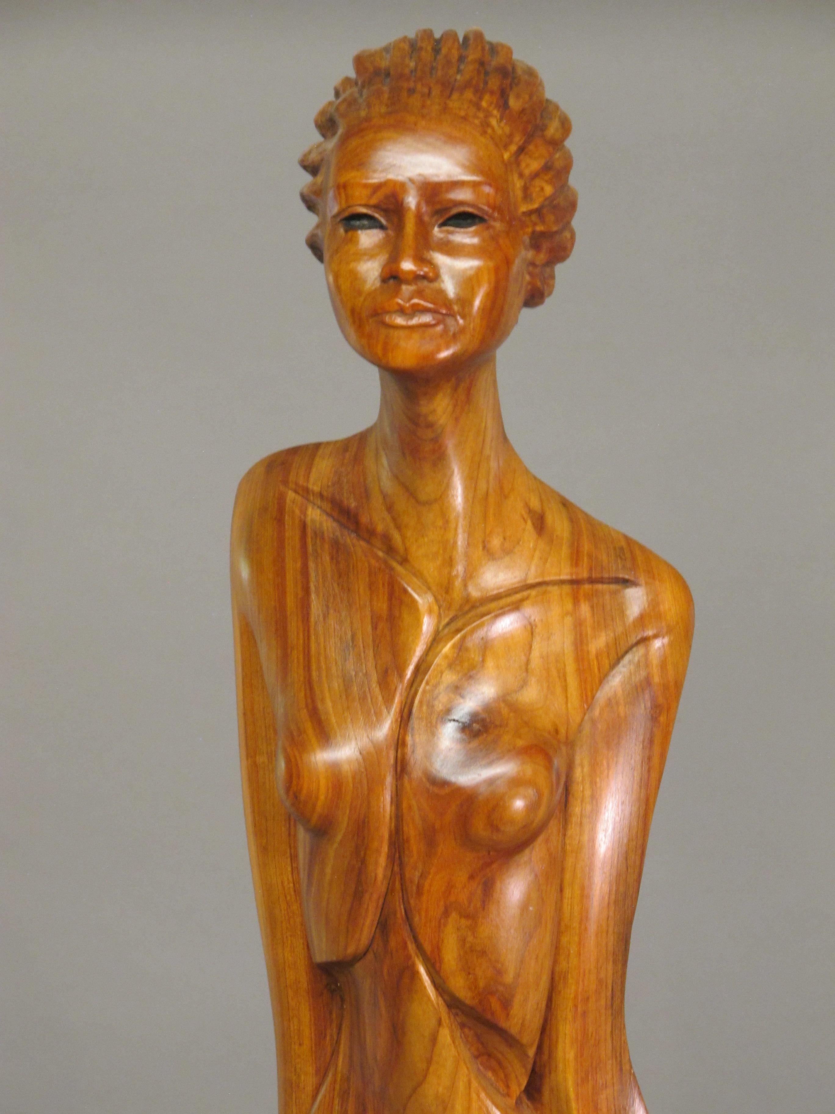 Figurative Sculpture Troy Williams - Places In The Heart, sculpture en Wood Brown sur base en acier, nu féminin, marron