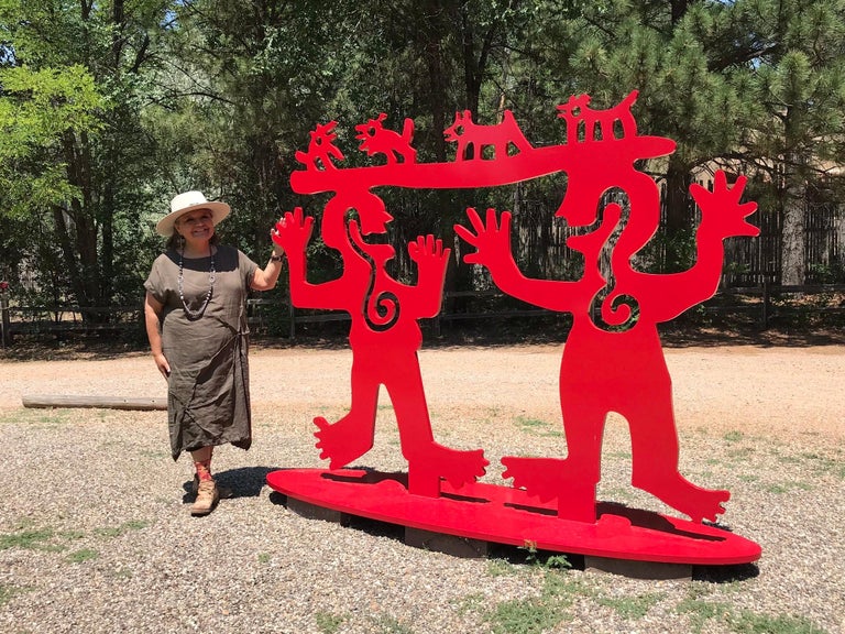 Two Minds Meeting, Melanie Yazzie large red sculpture, animals, people, Navajo

Melanie A. Yazzie "Two Minds Meeting" fabricated aluminum with powder coat finish. 
Large scale sculpture, good for placement outdoors in a sculpture garden or inside.