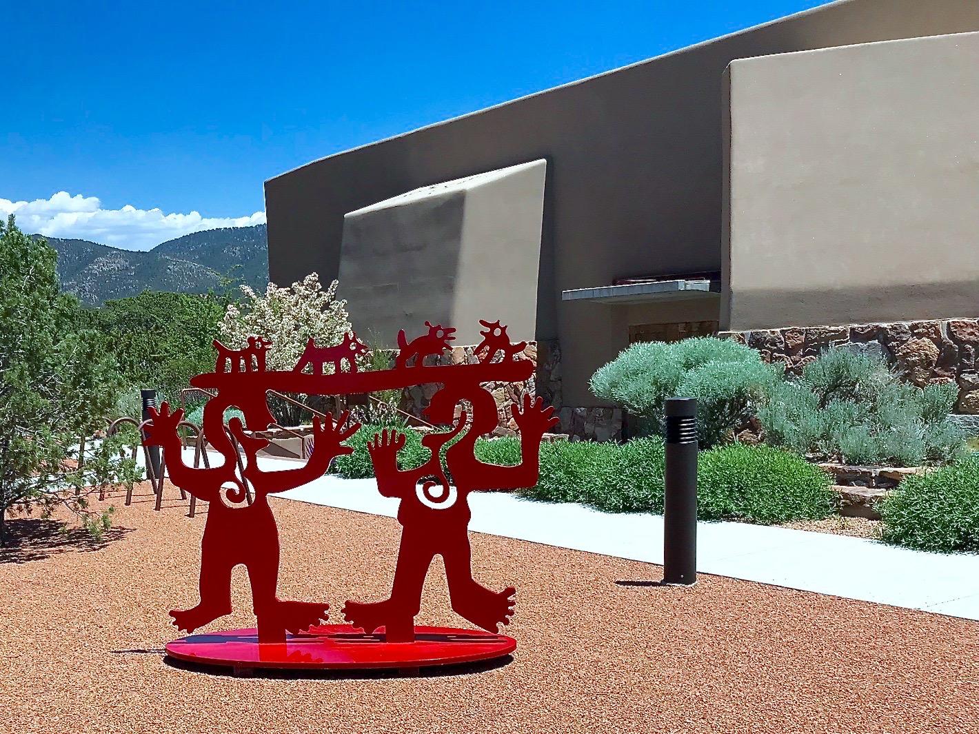 Two Minds Meeting, Melanie Yazzie large red sculpture, animals, people, Navajo 1