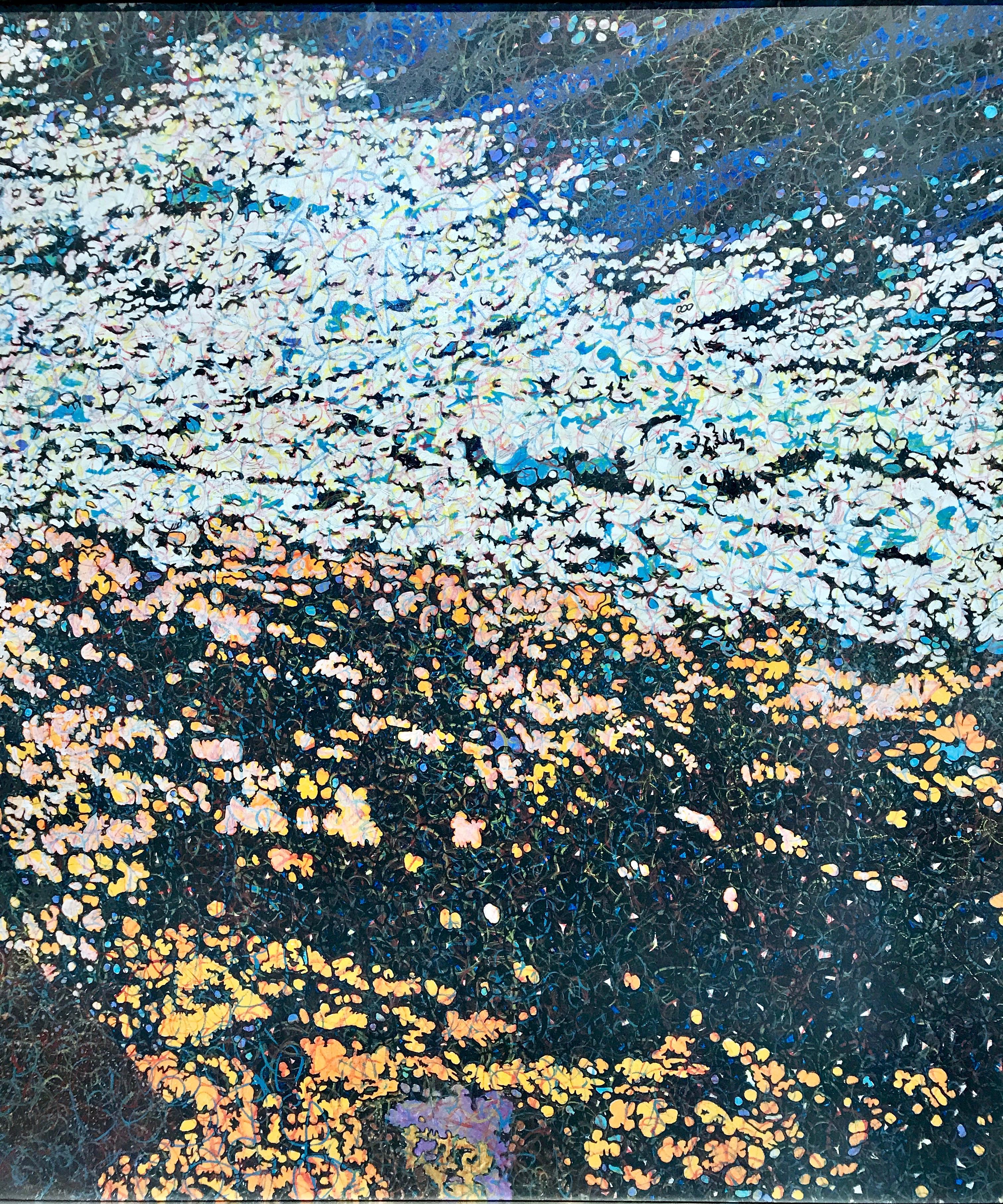 Rivière Salmon, John Hogan peinture contemporaine de grande taille bleu orange noir - Contemporain Painting par John Hogan(b.1800)