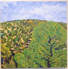 Hillside From Studio, von John Hogan, Berglandschaftsgemälde, grün, blau 