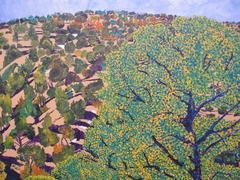 Hillside From Studio, by John Hogan, mountain landscape painting, green, blue