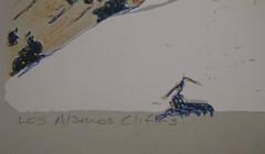 Los Alamos Cliffs, desert landscape, color etching, New Mexico, blue, white, tan