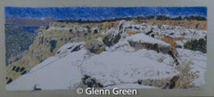 Vintage Los Alamos Cliffs, desert landscape, color etching, New Mexico, blue, white, tan