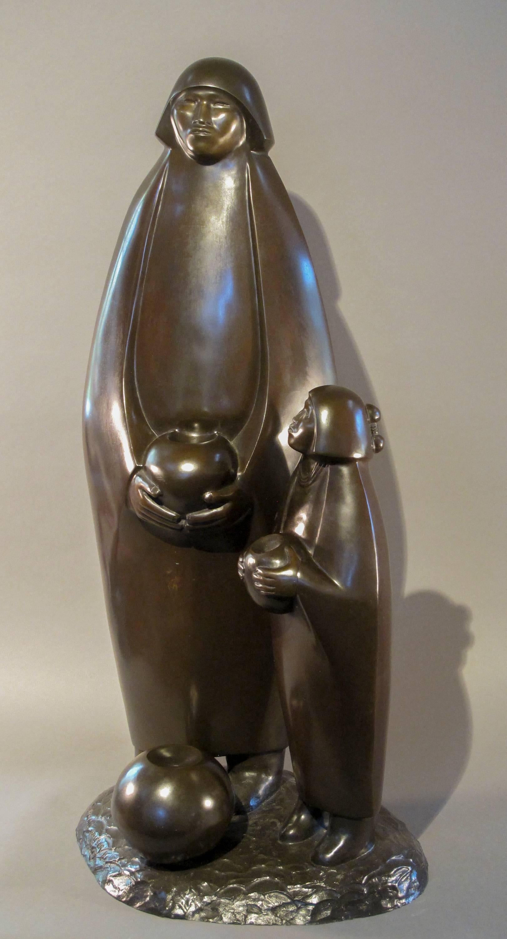 Allan Houser Figurative Sculpture - The Young Potter, bronze sculpture, Pueblo mother and child