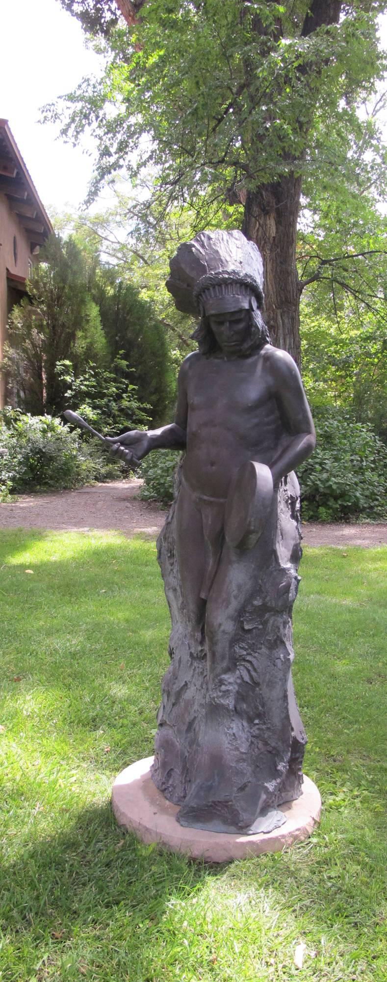 Beat of the Drum Paul Moore bronze Native American man with Drum, headdress For Sale 1