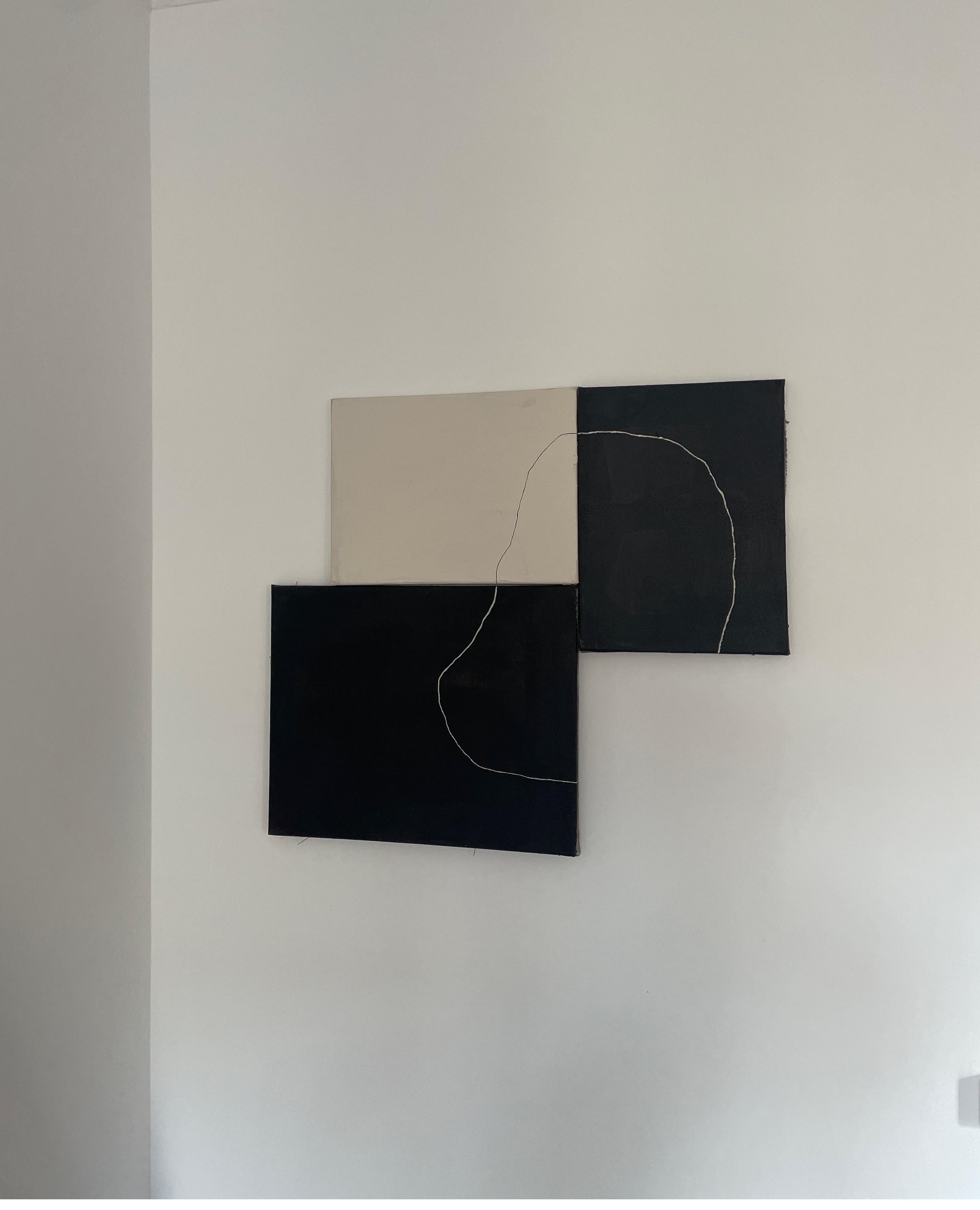 ABSTRACT. Triptych Black white painting by Spanish Artist minimal Untitled 2023 For Sale 1