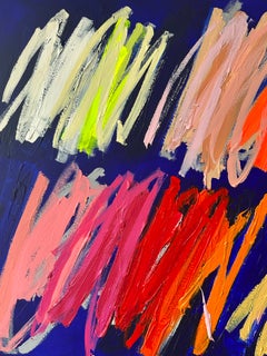 Christina Gschwantner, grande peinture abstraite contemporaine colorée sur fond bleu