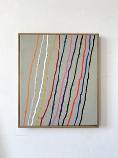 Christina Gschwantner, zeitgenössische minimalistische Malerei mit abstrakten Linien in Regenbogenfarben