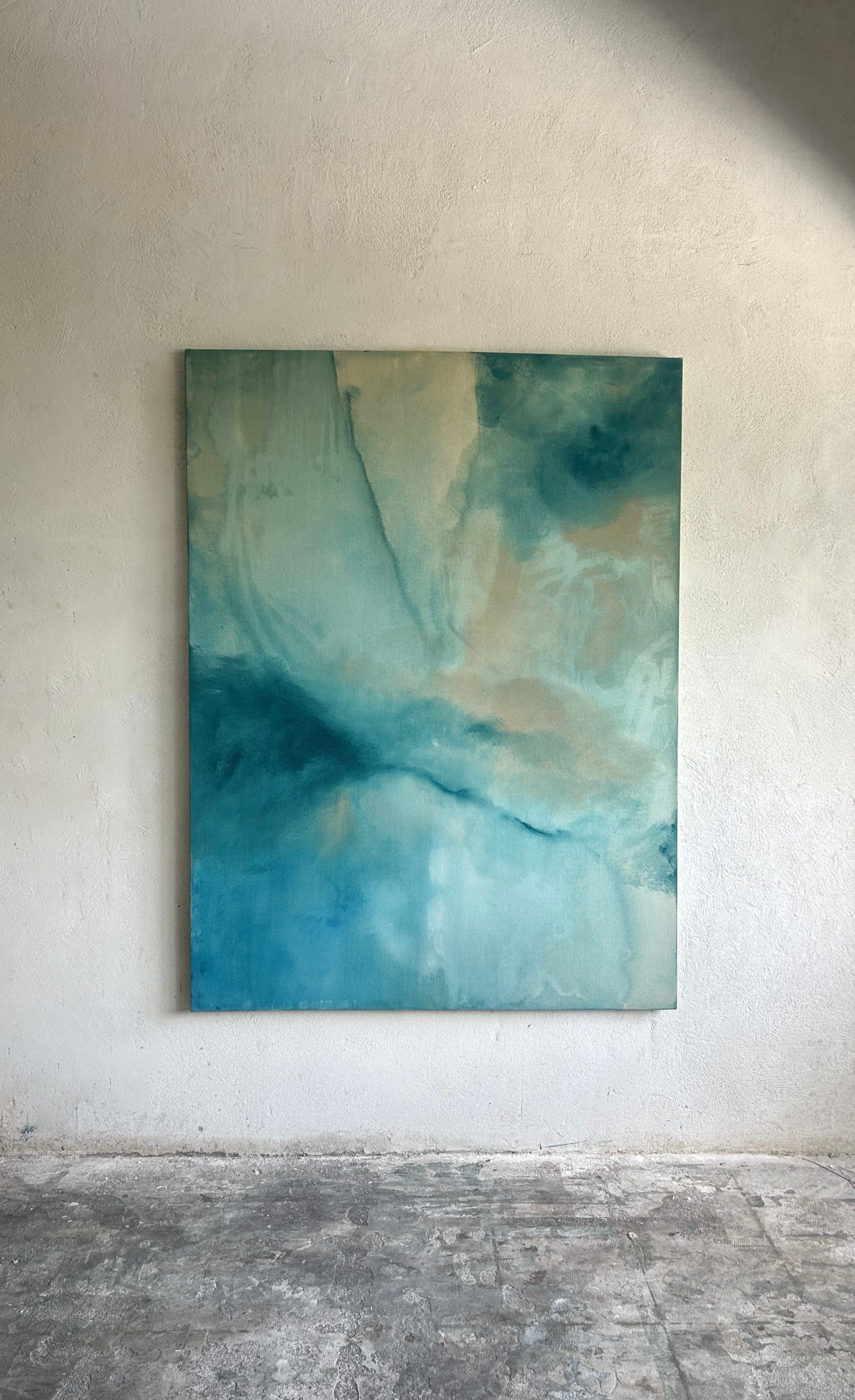 Peinture abstraite contemporaine minimaliste dans les tons bleus Tete Alurralde