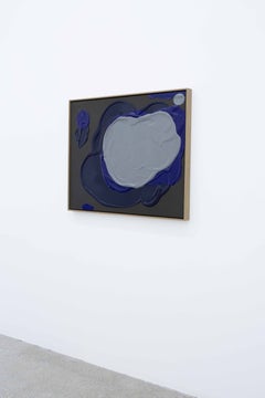 Grande quadro astratto contemporaneo a impasto, blu intenso e grigio-nero, di De Aurora
