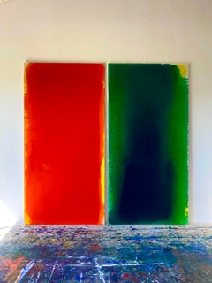 Gabriele Meunie Contemporary Abstract Diptych in Green and Orange Large Painting