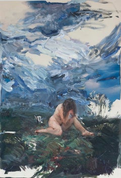 Pittura figurativa contemporanea di nudi e paesaggi nei toni del blu e del verde, Alba Fabre
