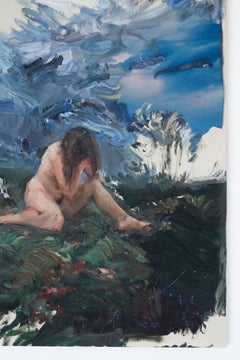 Pittura figurativa contemporanea di nudi e paesaggi nei toni del blu e del verde, Alba Fabre