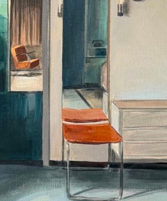 Dipinto d'interni contemporaneo di Bea Sarrias, “La sedia arancione”, 2026