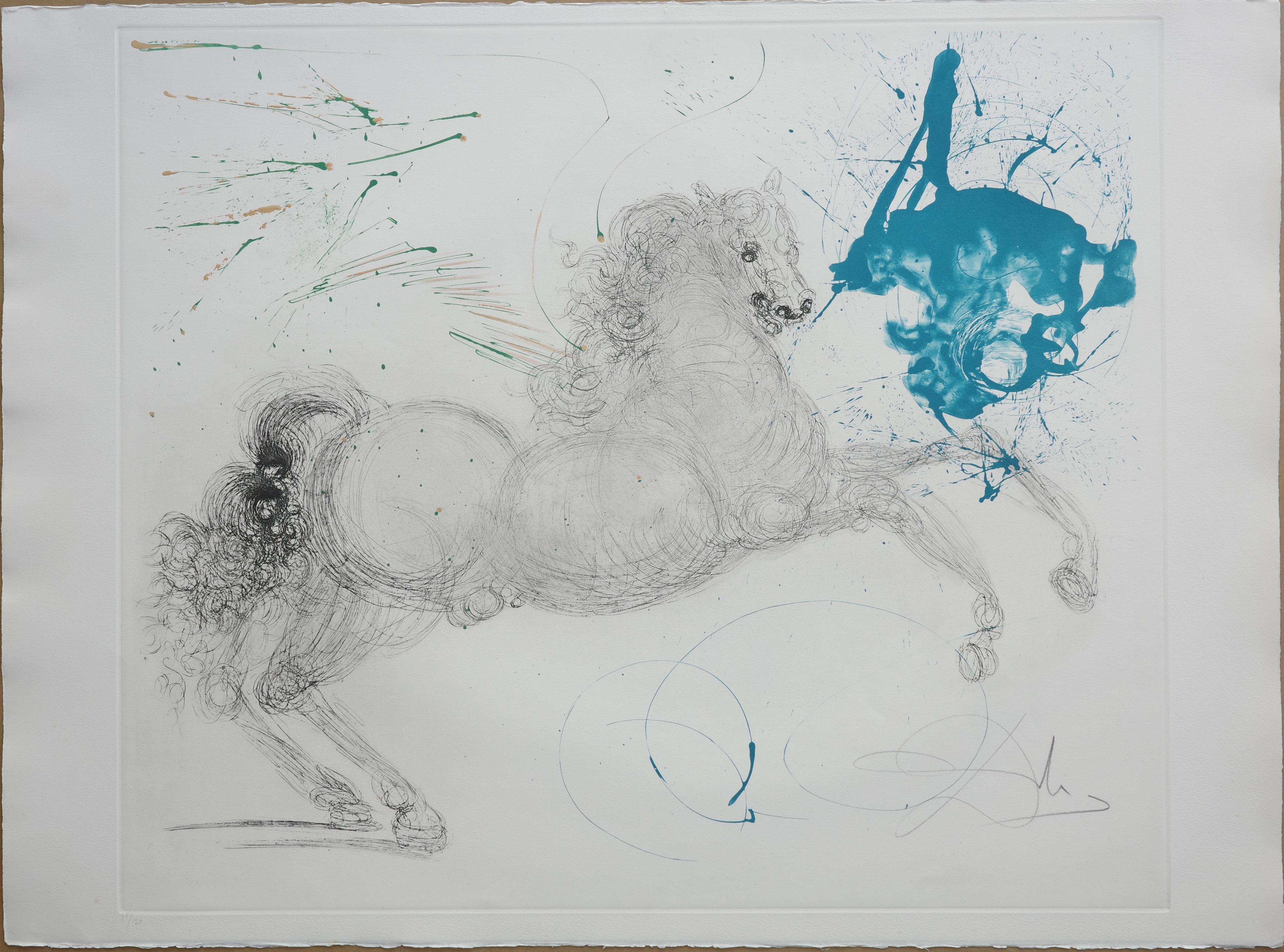 Salvador Dalí­ 
Pegasus from The Mythology suite, 1960-1964
Etching and engraving with color aquatint. 
Hand Signed lower right
Numbered 31/150 
Image size: 52 x 61 cm
Sheet size: 55 x 76 cm
Published by Argillet, Paris
Reference Field 63-3 B

As in