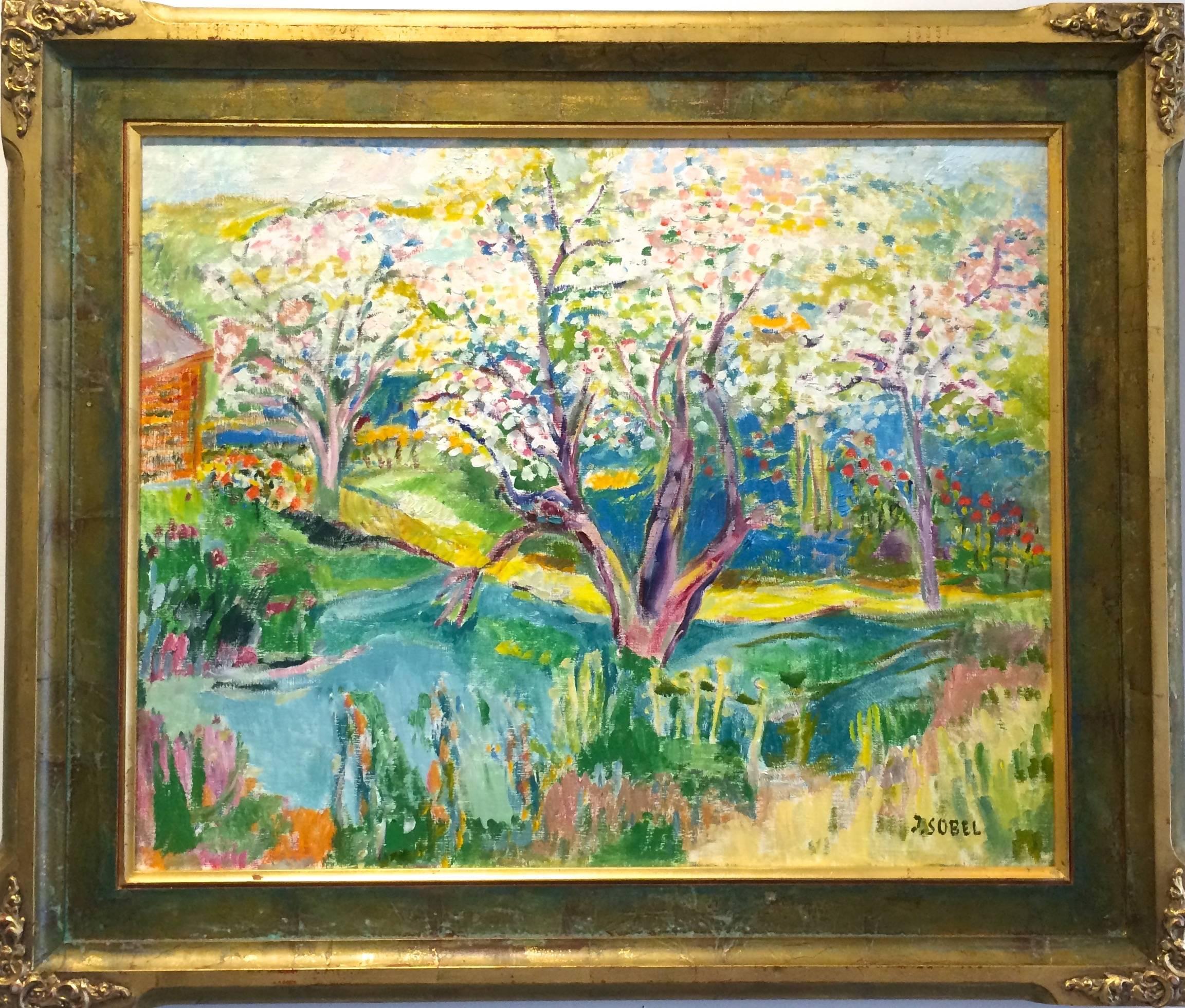 Jehudith Sobel Landscape Painting - Landscape with trees in bloom.