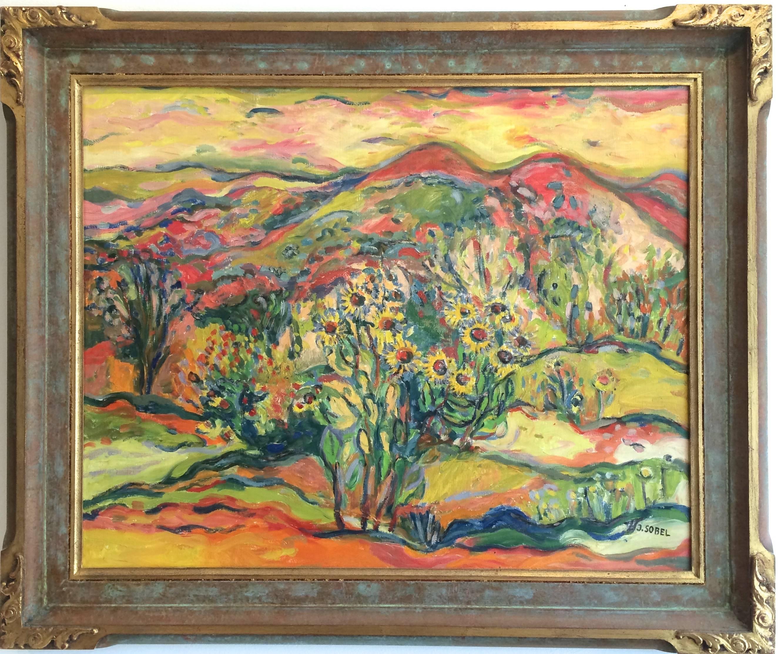 Jehudith Sobel Landscape Painting - Landscape with Sunflowers