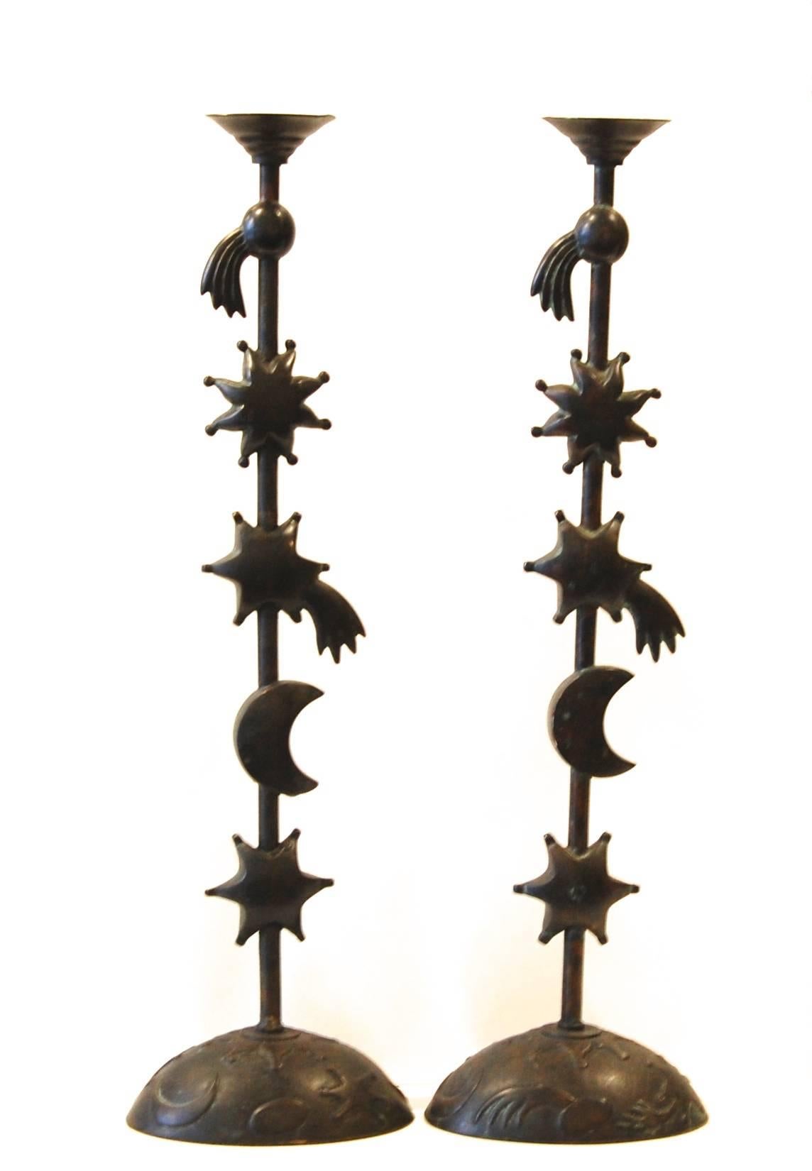 Maitland Smith Figurative Sculpture - Pair of Modern Tall Bronze Candlestick