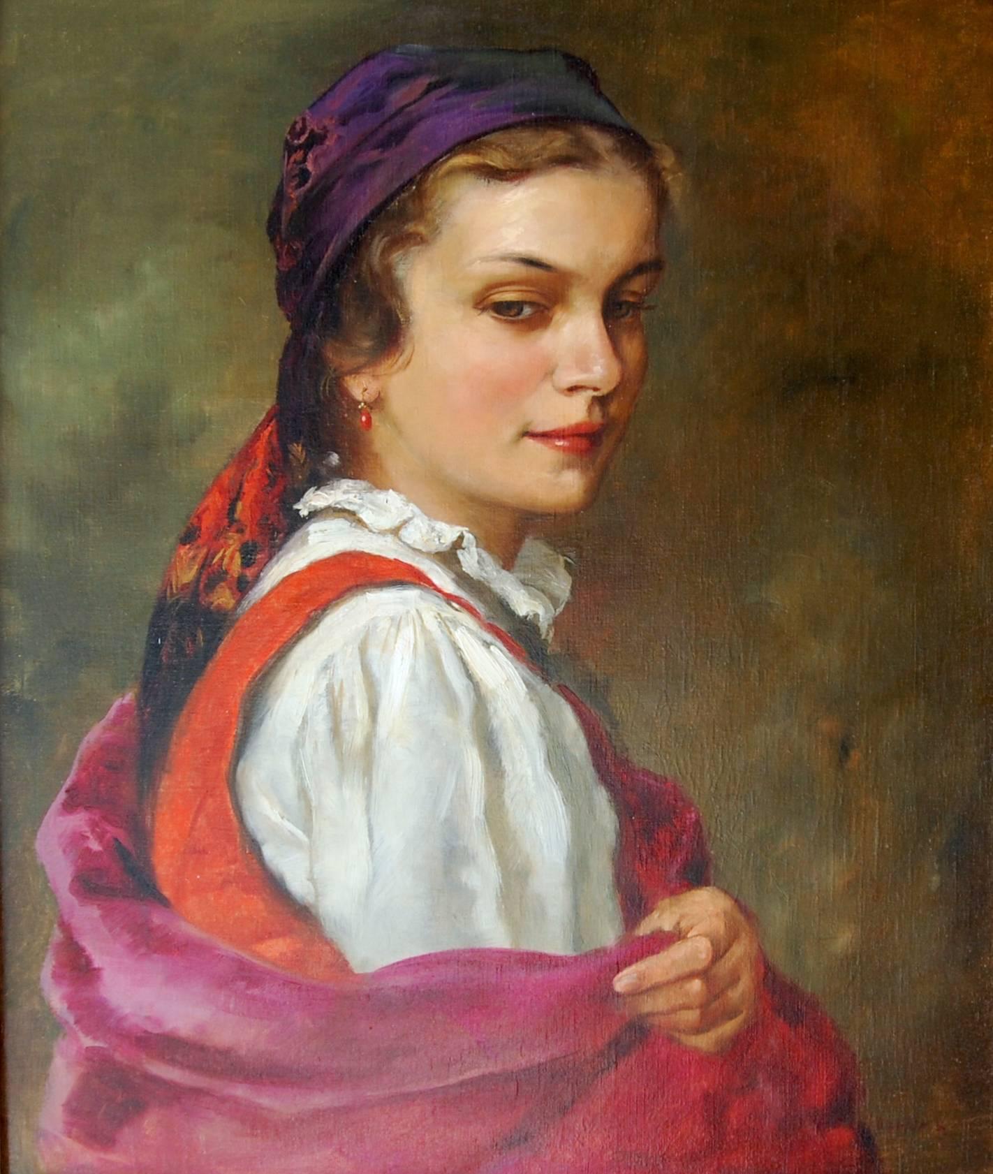  Woman With A Red Scarf  - Painting by Lajos Rezes Molnar
