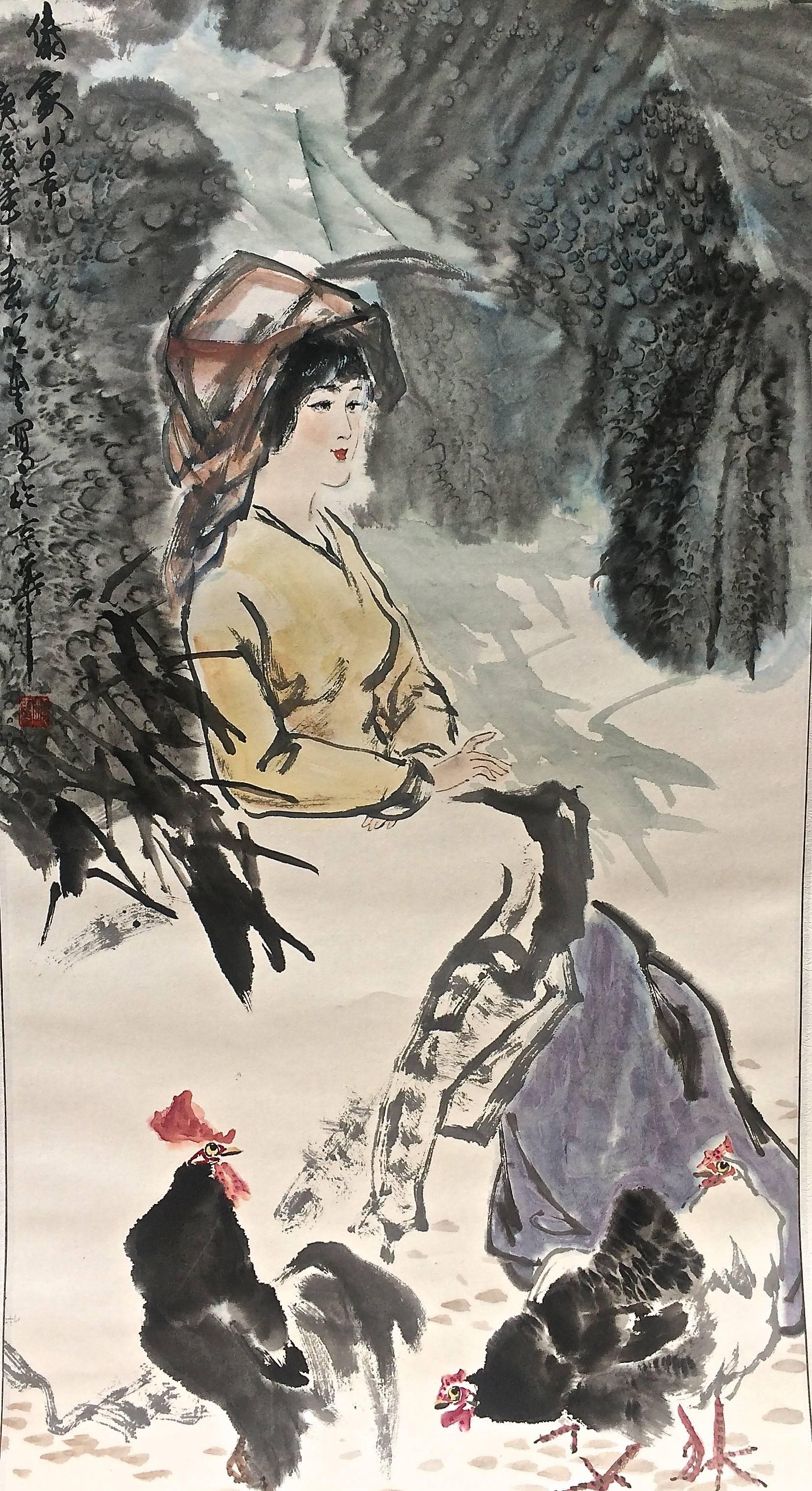 Unknown Figurative Painting - Woman with Rooster Chinese Watercolor