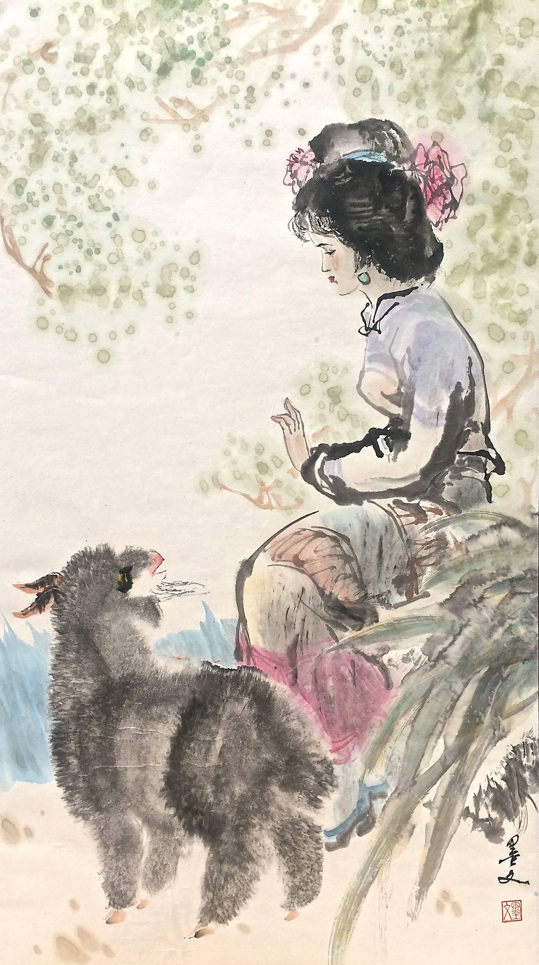 Unknown Figurative Art -  Woman with Lamb Chinese Watercolor