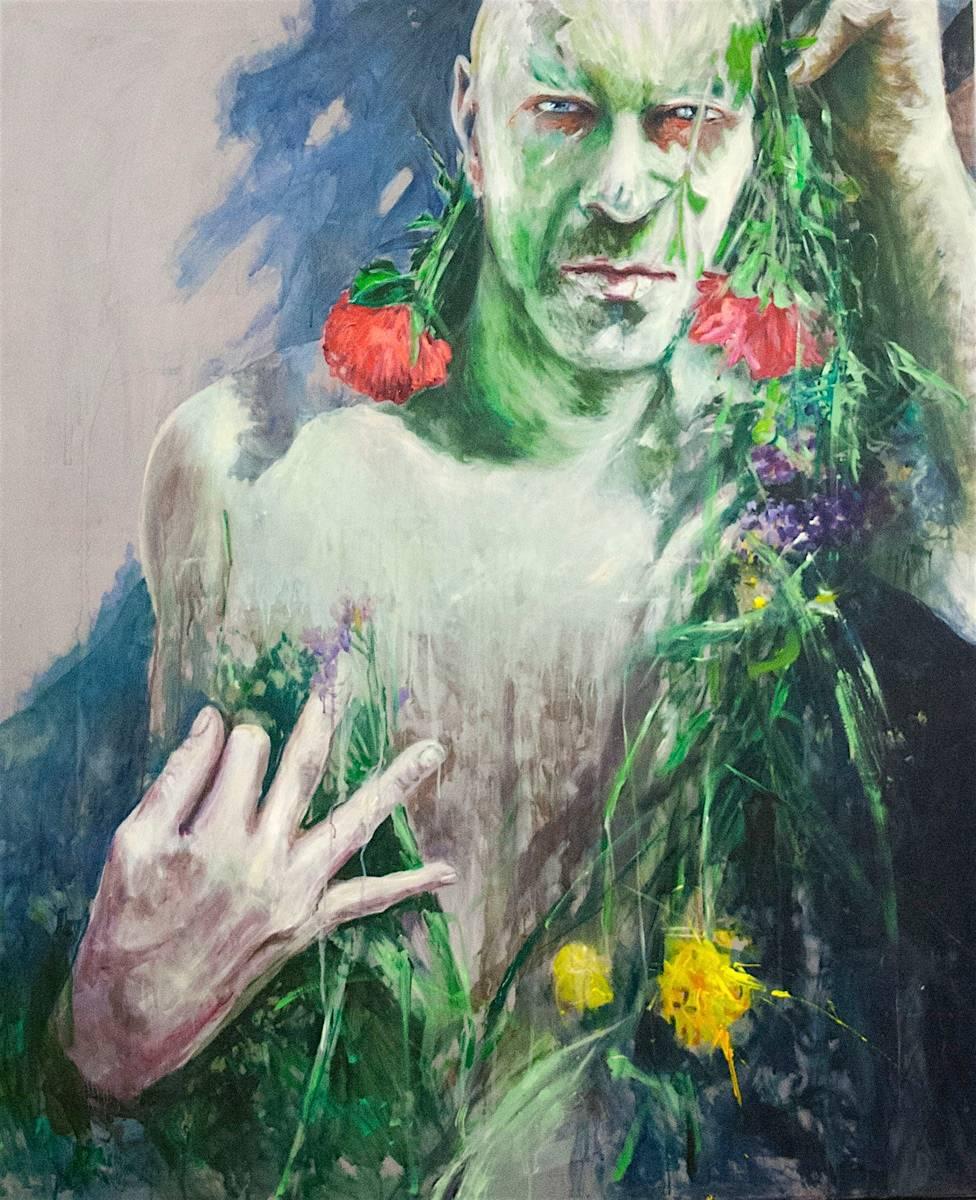 Igor Salata Figurative Painting -  Behind Flowers 