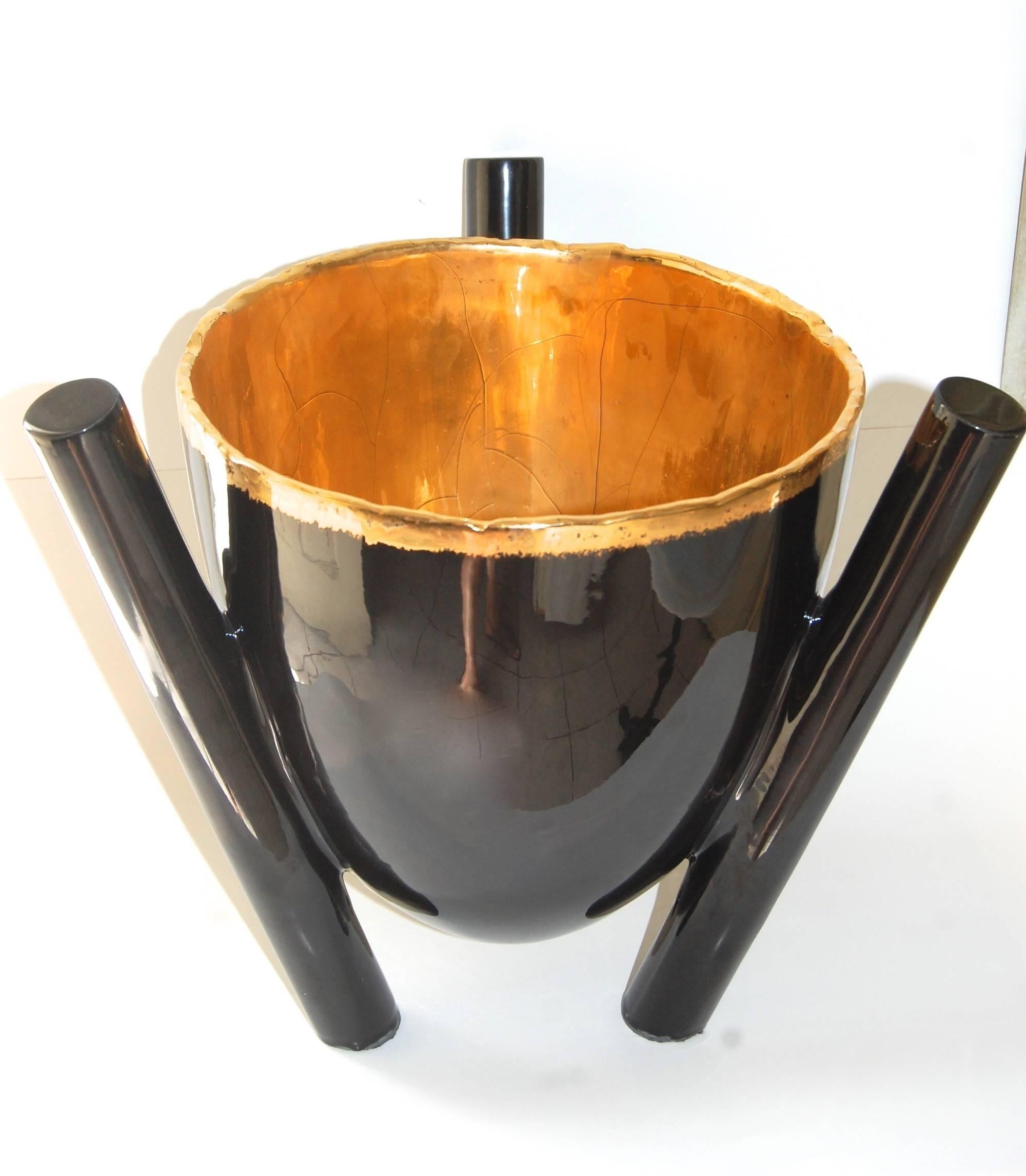 Larry Lubow Figurative Sculpture -  Large Black And Gold Footed Bowl